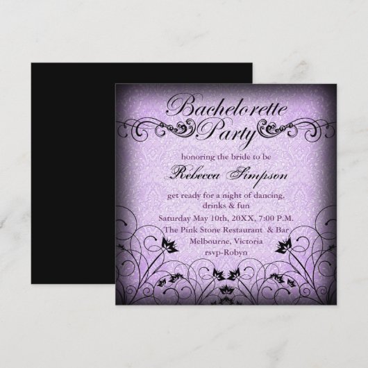 Zwarte & Paarse Bloemen Chic Bachelorette Uitnodig Kaart (Voorkant / Achterkant)