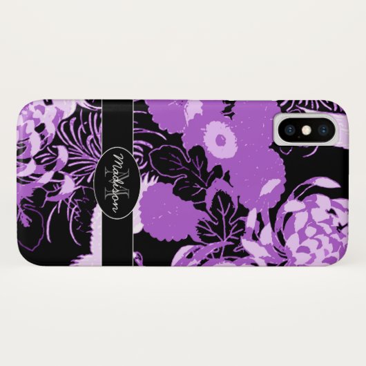  zwarte paarse bloemen Monogram Case-Mate iPhone Case (Achterkant (horizontaal))