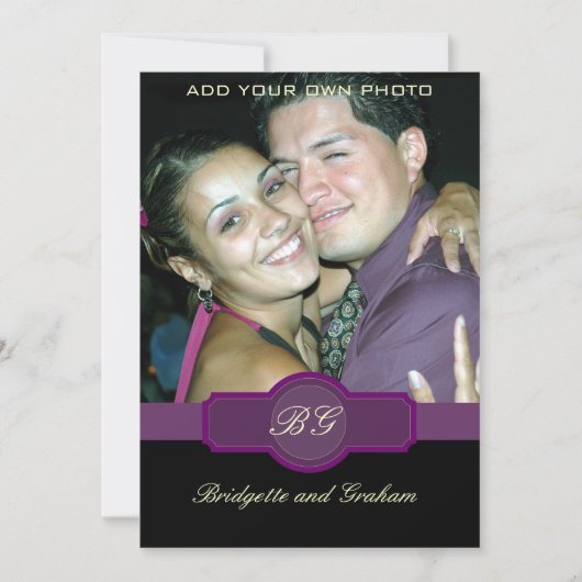Zwarte Paarse bruiloft-uitnodigingen met foto Kaart (Voorkant)