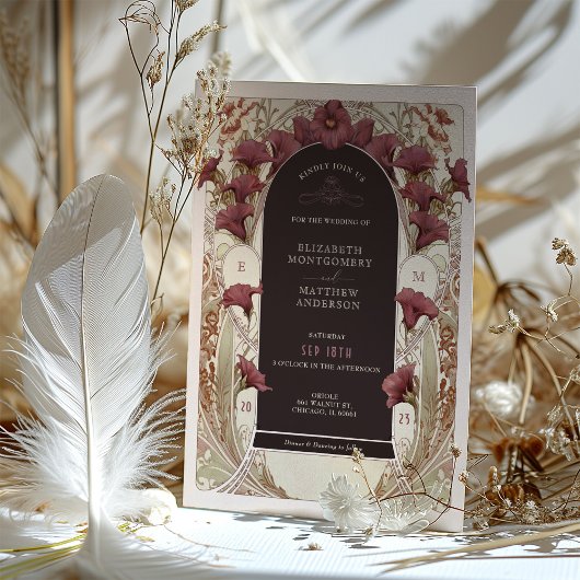 Zwarte Paarse Calla Lily Wedding Art Nouveau Mucha Kaart