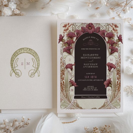 Zwarte Paarse Calla Lily Wedding Art Nouveau Mucha Kaart