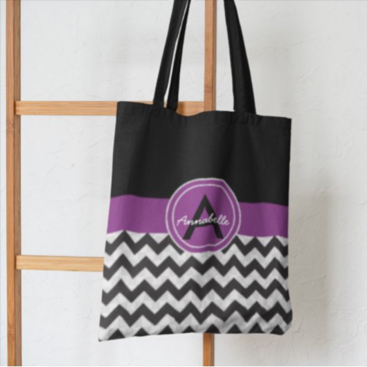 Zwarte Paarse Chevron Tote Bag