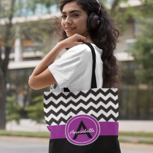 Zwarte Paarse Chevron Tote Bag