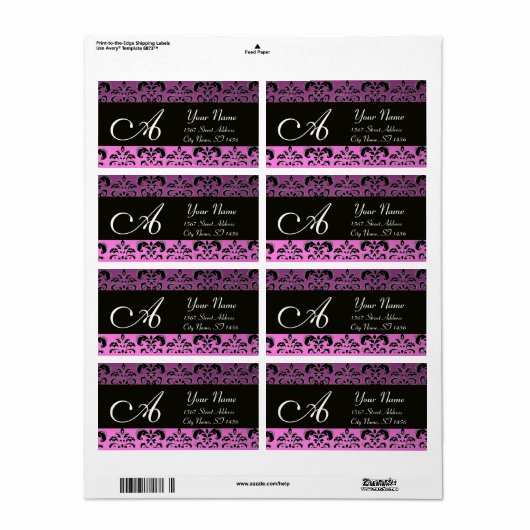 ZWARTE PAARSE DAMASKMONOGRAM ETIKET (Full Sheet)