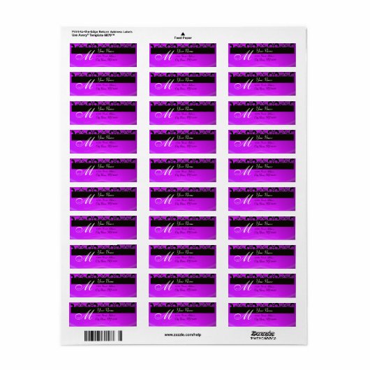 ZWARTE PAARSE DAMASKMONOGRAM ETIKET (Full Sheet)
