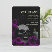 Zwarte Paarse Donker Gotische Schedel en Rozen Hal Save The Date (Staand voorkant)