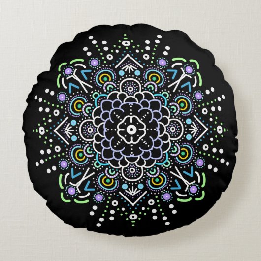 Zwarte, Paarse en groene Mandala Ornament Rond Kussen (Voorkant)