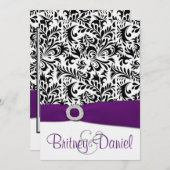 Zwarte Paarse en Witte Damask bruiloft-uitnodiging Kaart (Voorkant / Achterkant)