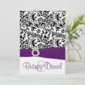 Zwarte Paarse en Witte Damask bruiloft-uitnodiging Kaart (Staand voorkant)