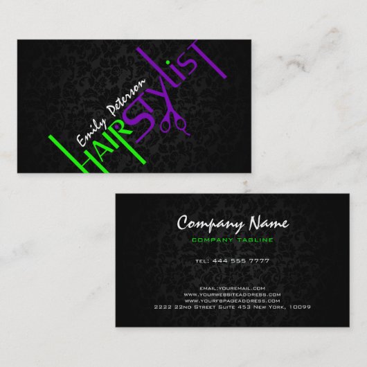 Zwarte, Paarse en zwarte haarstijlvolle tekst 2a b Visitekaartje (Voorkant / Achterkant)