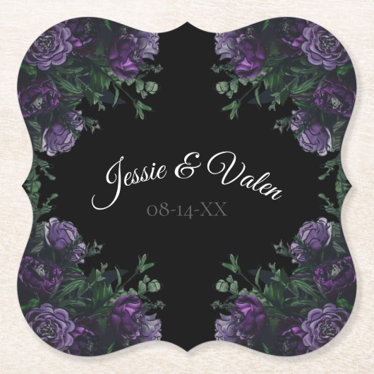 Zwarte Paarse Floral Elegant Wedding Gothic Kartonnen Onderzetters (Voorkant)