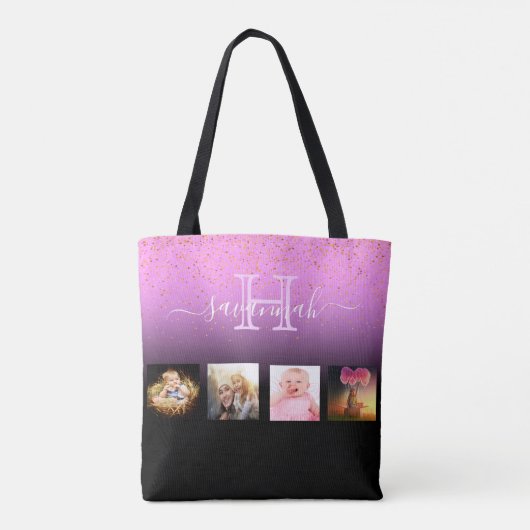 Zwarte Paarse foto-inkuvelmonogram Tote Bag (Achterkant)