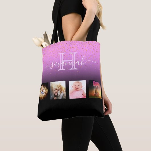 Zwarte Paarse foto-inkuvelmonogram Tote Bag (Dichtbij)