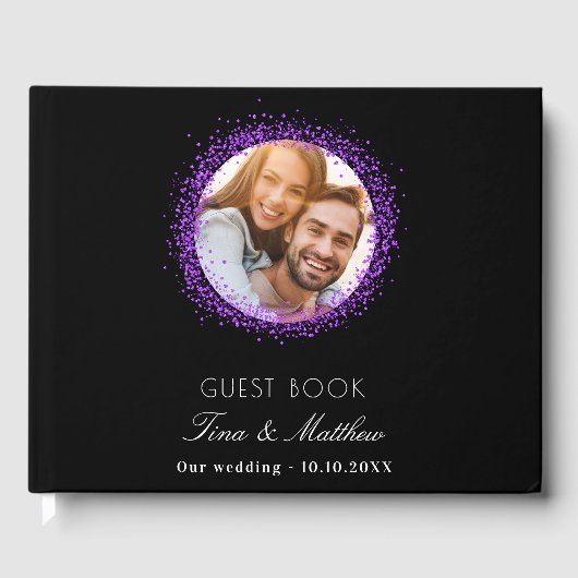 Zwarte paarse foto's met elegante bruiloft gastenboek (Voorkant)