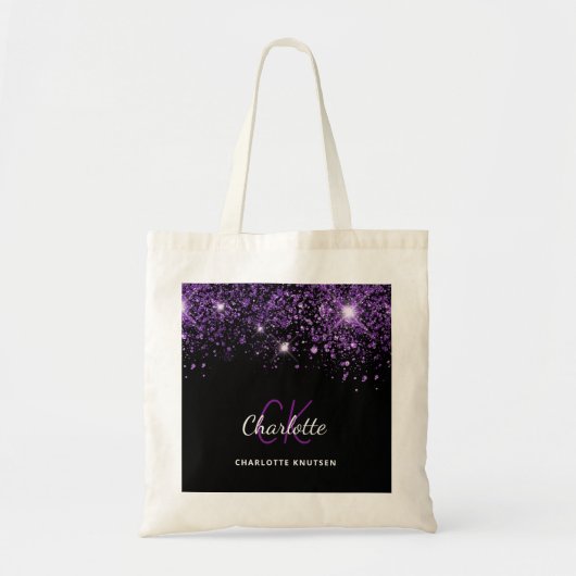 Zwarte paarse glinsterende monogram initiaal tote bag (Voorkant)