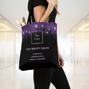 Zwarte paarse glitter business logo schoonheidssal tote bag