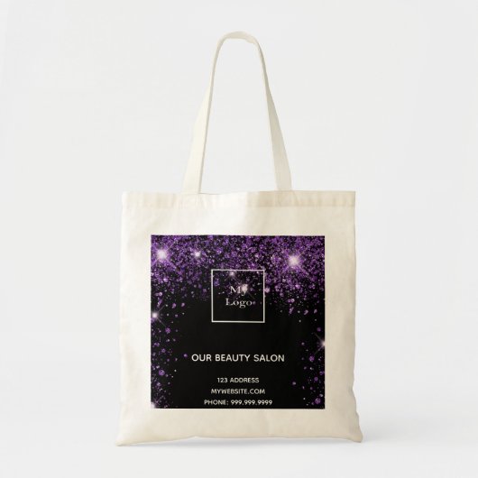 Zwarte paarse glitter business logo tote bag (Voorkant)