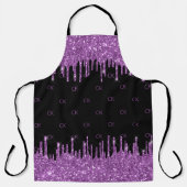 Zwarte paarse glitter druppelt monogram initialen schort (Voorkant)