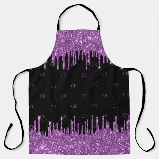 Zwarte paarse glitter druppelt monogram initialen schort (Voorkant)