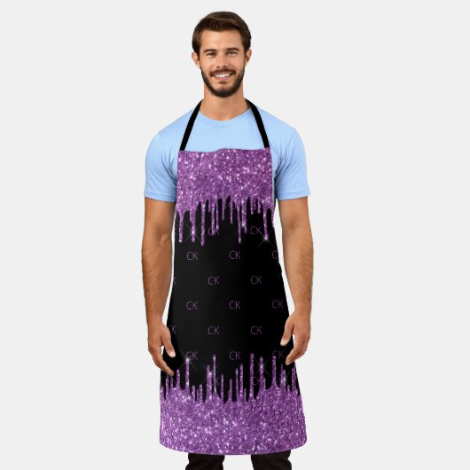 Zwarte paarse glitter druppelt monogram initialen schort (Gedragen)