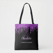 Zwarte paarse glitter druppelt monogram initialen tote bag (Voorkant)