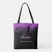 Zwarte paarse glitter druppelt monogram initialen tote bag (Achterkant)