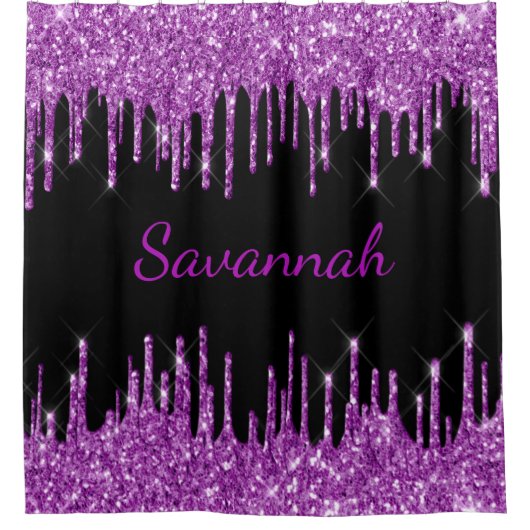 Zwarte paarse glitter druppelt monogram script lux douchegordijn (Voorkant)