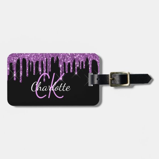 Zwarte paarse glitter druppelt op aangepaste monog bagagelabel (Voorkant horizontaal)
