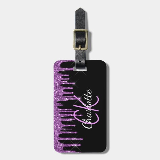 Zwarte paarse glitter druppelt op aangepaste monog bagagelabel (Voorkant verticaal)