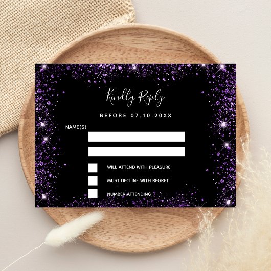 Zwarte paarse glitter elegant bruiloft RSVP Notitiekaartje