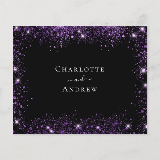 Zwarte paarse glitter elegant budget bruiloft RSVP Flyer (Achterkant)