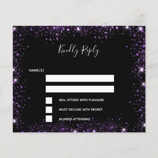 Zwarte paarse glitter elegant budget bruiloft RSVP Flyer (Voorkant)