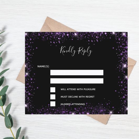 Zwarte paarse glitter elegant budget bruiloft RSVP Flyer