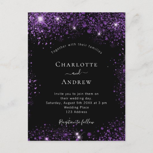 Zwarte paarse glitter-elegant uitnodiging briefkaart (Voorkant)