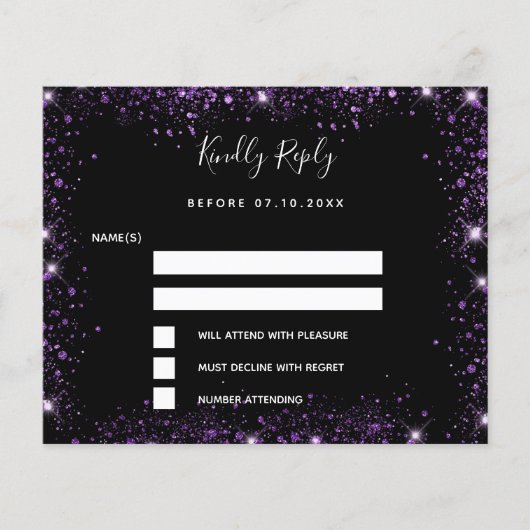 Zwarte paarse glitter elegante bruiloft RSVP kaart (Voorkant)