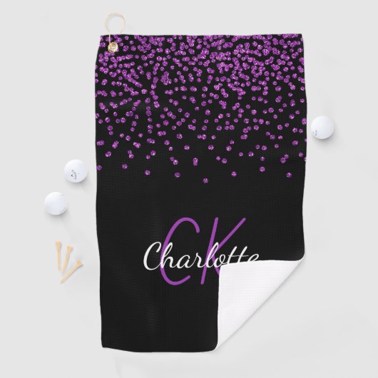 Zwarte paarse glitter monogram initiaal naam golfhanddoek (Insitu)