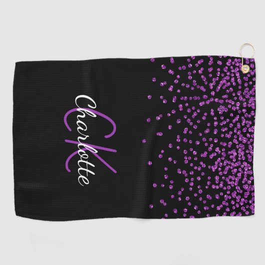 Zwarte paarse glitter monogram initiaal naam golfhanddoek (Horizontaal)