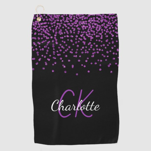 Zwarte paarse glitter monogram initiaal naam golfhanddoek (Voorkant)