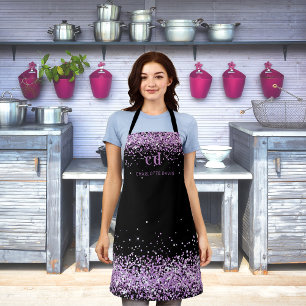 Zwarte paarse glitter monogram initiaal naam schort