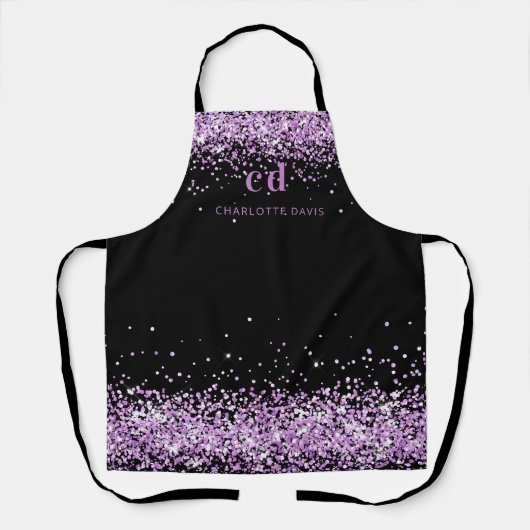 Zwarte paarse glitter monogram initiaal naam schort (Voorkant)