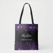 Zwarte paarse glitter monogram initiaal naam tote bag (Voorkant)