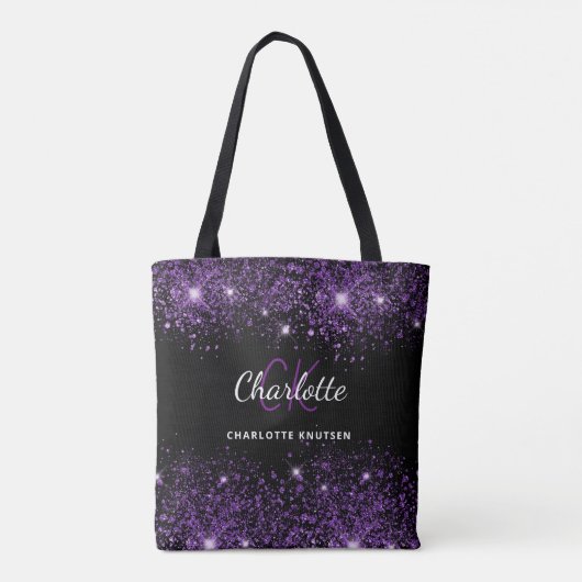 Zwarte paarse glitter monogram initiaal naam tote bag (Achterkant)