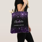 Zwarte paarse glitter monogram initiaal naam tote bag (Dichtbij)