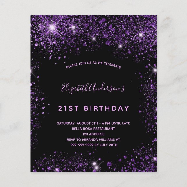 Zwarte paarse glitter verjaardagsuitnodiging (Voorkant)