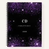 Zwarte paarse glittermonogram initialen notitieboek (Voorkant)