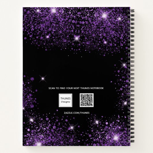 Zwarte paarse glittermonogram initialen notitieboek (Achterkant)