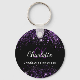 Zwarte paarse glittermonogram initialen sleutelhanger