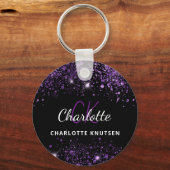 Zwarte paarse glittermonogram initialen sleutelhanger (Voorkant)