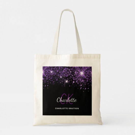 Zwarte paarse glittermonogram initialen tote bag (Achterkant)