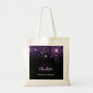 Zwarte paarse glittermonogram initialen tote bag